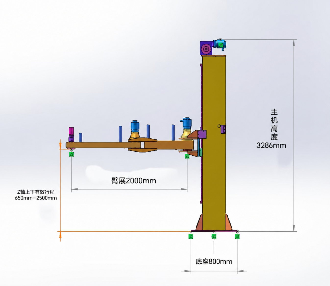 Plano lateral del paletizador de cuatro ejes